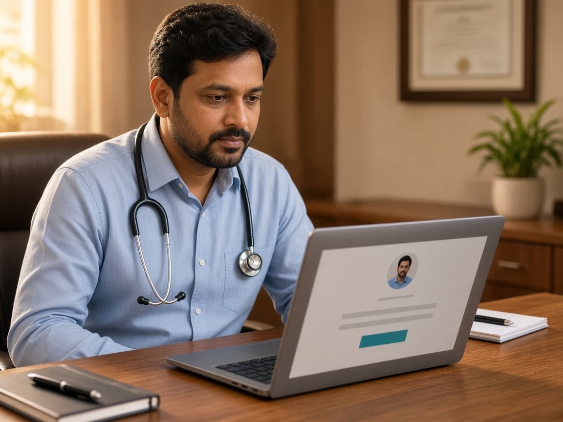 A doctor reviewing his page on a laptop in his clinic