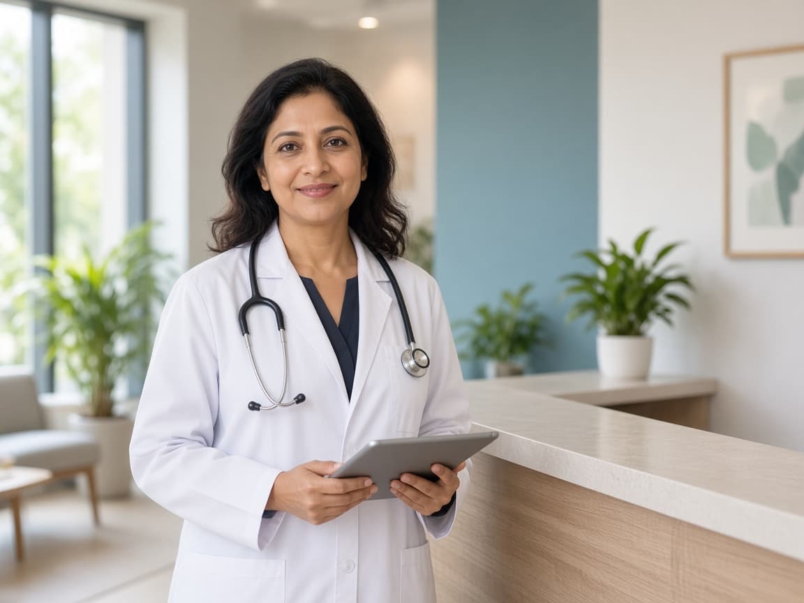 A doctor with a tablet at a bright clinic reception
