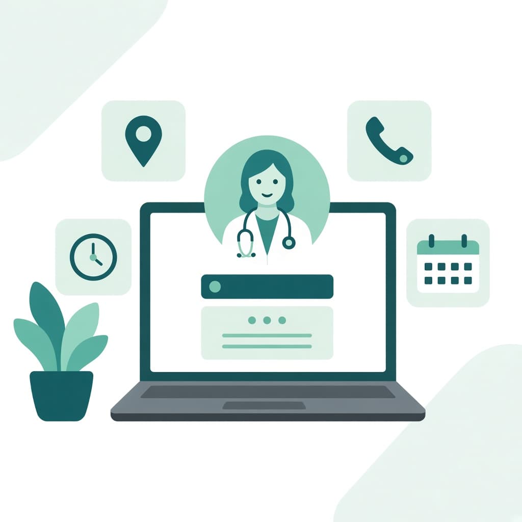 Illustration of a doctor's web page on a laptop with hours, phone, and location cards